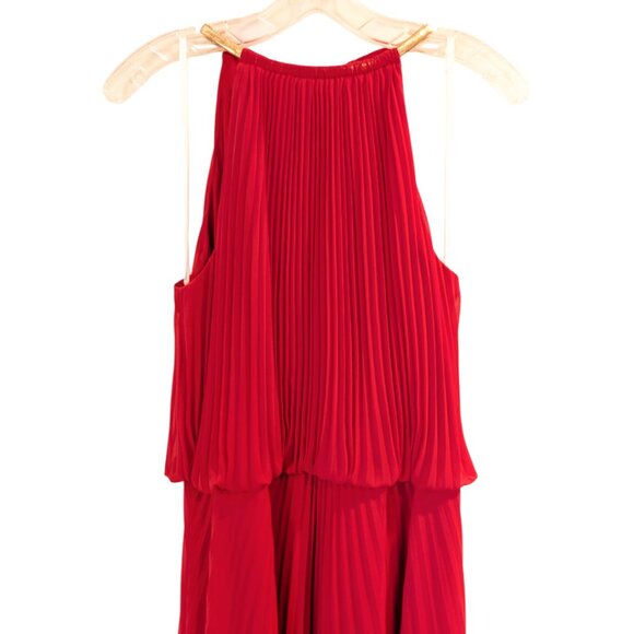 XSCAPE by Joanna Chen Chiffon Accordion Blouson Dress 14 Red Pleated Gold Collar - Picture 5 of 13